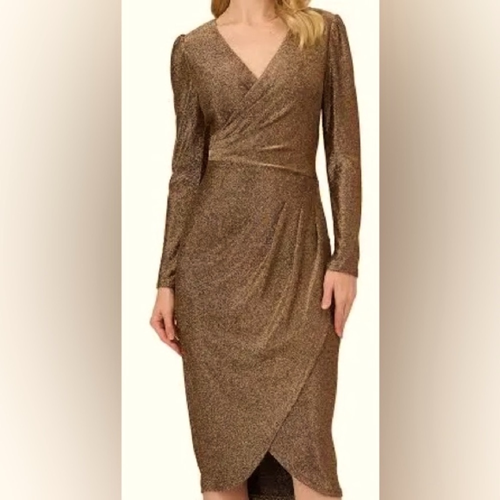 Adriana Papell gold bronze metallic knit draped dress